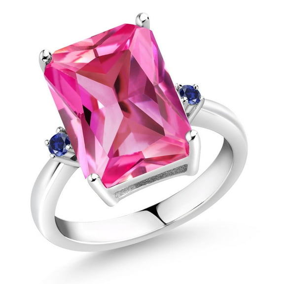 Gem Stone King 925 Sterling Silver Pink Created Sapphire and Blue Created Sapphire Ring for Women (10.09 Cttw, Emerald Cut 14x10MM, Gemstone September Birthstone, Size 8)