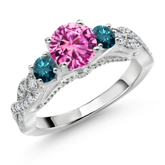 Gem Stone King 925 Sterling Silver Pink Created Sapphire Blue Diamond and White Moissanite Engagement Ring for Women (1.47 Cttw, Gemstone September Birthstone, Round 6MM and 3MM, Size 7)