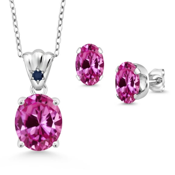 Gem Stone King 925 Sterling Silver Pink Created Sapphire and Blue Sapphire Pendant and Earrings Jewelry Set for Women (7.84 Cttw, Gemstone Birthstone, Oval 11X9MM and 8X6MM with 18 inch Silver Chain)
