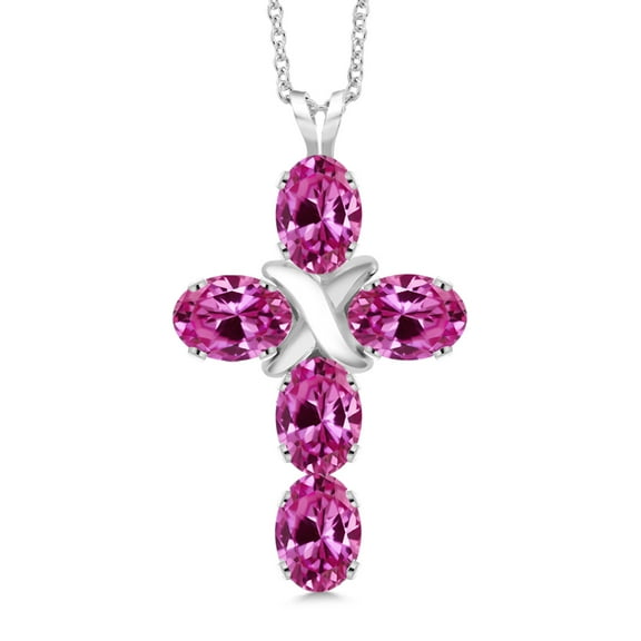 Gem Stone King 925 Sterling Silver Pink Created Sapphire Cross Pendant Necklace for Women (2.50 Cttw, Gemstone September Birthstone, Oval 6X4MM, With 18 inch Silver Chain)