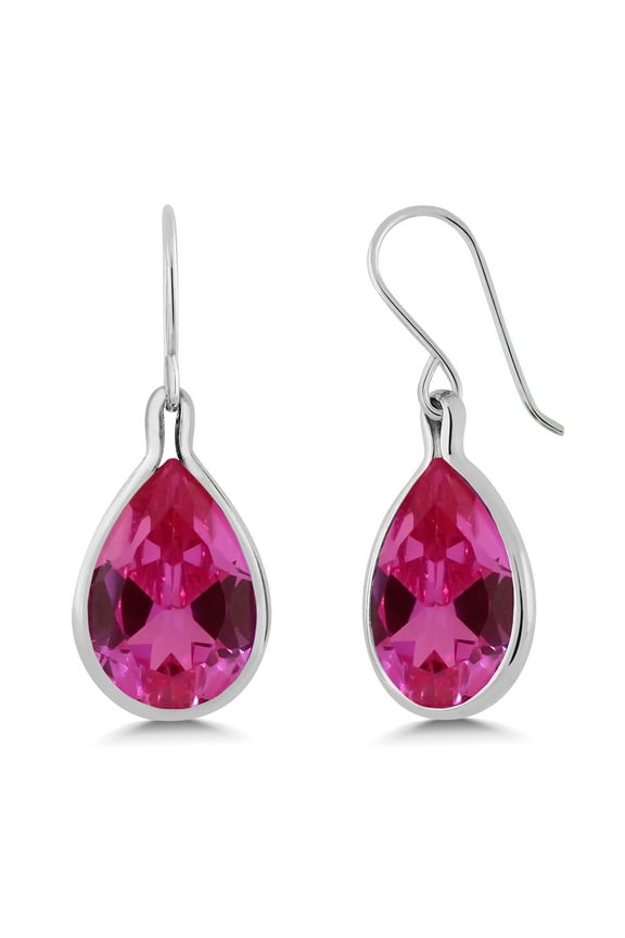 925 Sterling Silver Pink Created Sapphire Dangle Earrings for Women (20.50 Cttw, Pear Shape 16X12MM)