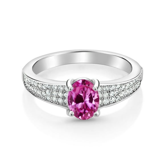 Gem Stone King 925 Sterling Silver Pink Created Sapphire Engagement Ring for Women (2.13 Cttw, Oval 8X6MM, Gemstone September Birthstone, Available in Size 5, 6, 7, 8, 9)