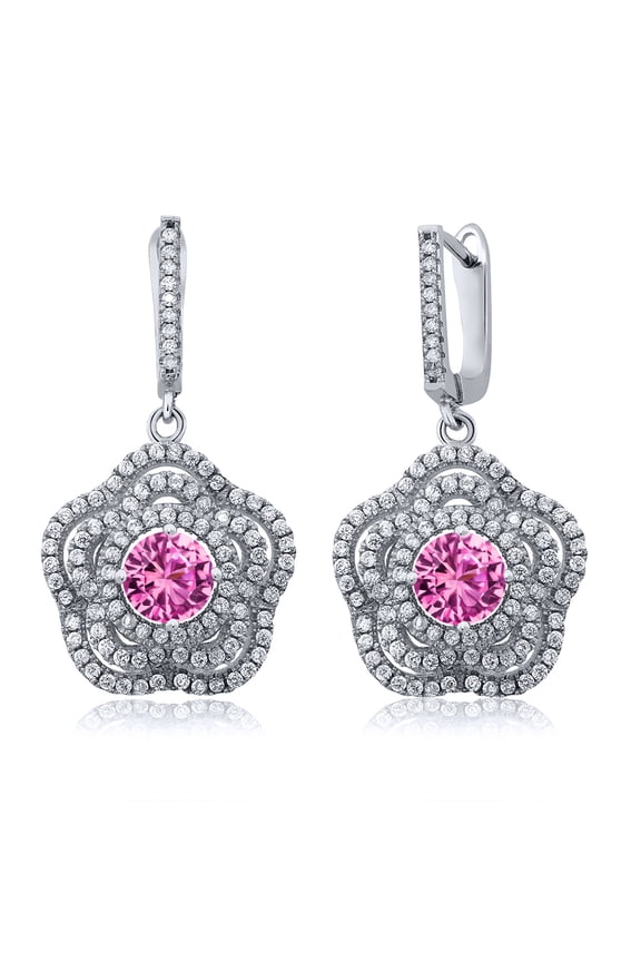925 Sterling Silver Pink Created Sapphire Flower Dangle Earrings for Women (4.64 Cttw, Gemstone September Birthstone, Round 6MM)