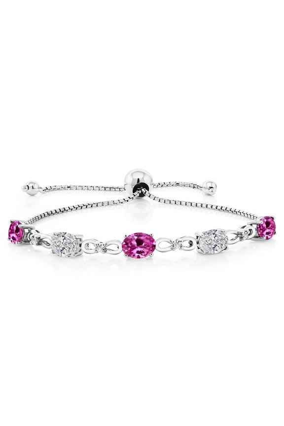 925 Sterling Silver Pink Created Sapphire and Lab Grown Diamond Bracelet for Women | 4.14 Cttw | Gemstone September Birthstone | Oval 7X5MM | Fully Adjustable 9 inch