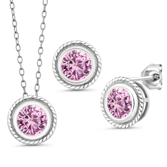 Gem Stone King 925 Sterling Silver Pink Created Sapphire Pendant Earrings Set for Women (3.00 Cttw, Gemstone September Birthstone, Round 6MM, With 18 inch Chain)
