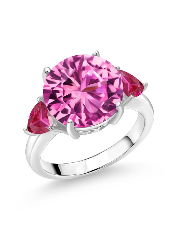 925 Sterling Silver Pink Created Sapphire and Red Created Ruby 3-Stone Ring for Women (8.66 Cttw, Round 12MM, Trillion 5MM, Size 9)