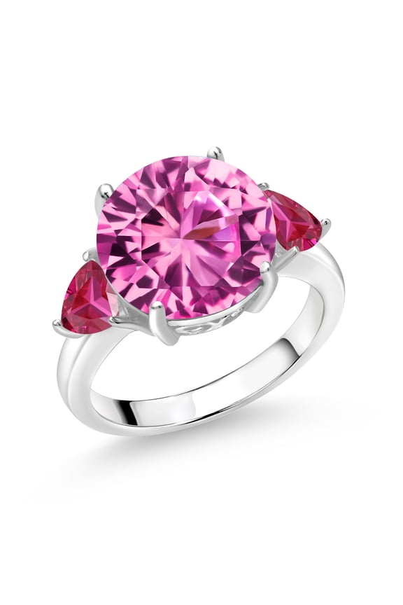 925 Sterling Silver Pink Created Sapphire and Red Created Ruby 3-Stone Ring for Women (8.66 Cttw, Round 12MM, Trillion 5MM, Size 8)