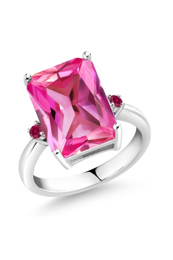925 Sterling Silver Pink Created Sapphire and Red Created Ruby Ring for Women (10.10 Cttw, Emerald Cut 14x10MM, Gemstone September Birthstone, Size 5)