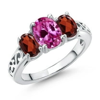 Gem Stone King 925 Sterling Silver Pink Created Sapphire and Red Garnet Filigree Style 3 Stone Ring for Women (2.79 Cttw, Oval 8X6MM and 6X4MM) (Size 7)