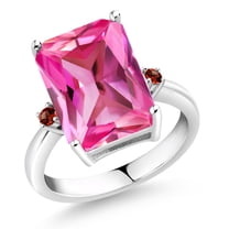 Gem Stone King 925 Sterling Silver Pink Created Sapphire and Red Garnet Ring for Women (10.10 Cttw, Emerald Cut 14x10MM, Gemstone September Birthstone, Size 7)