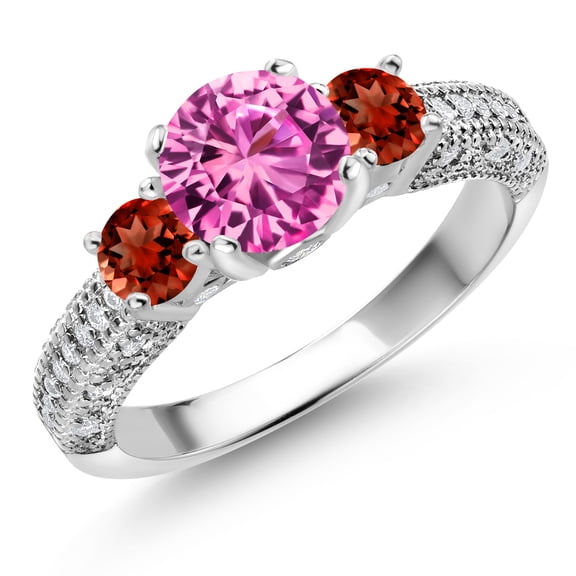 Gem Stone King 925 Sterling Silver Pink Created Sapphire Red Garnet and White Moissanite Engagement Ring for Women (2.48 Cttw, Gemstone September Birthstone, Round 7MM and 4MM, Size 6)