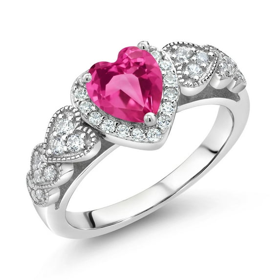 Gem Stone King 925 Sterling Silver Pink Created Sapphire Ring for Women (1.23 Cttw, Heart Shape 6MM, Available in Size 5, 6, 7, 8, 9)