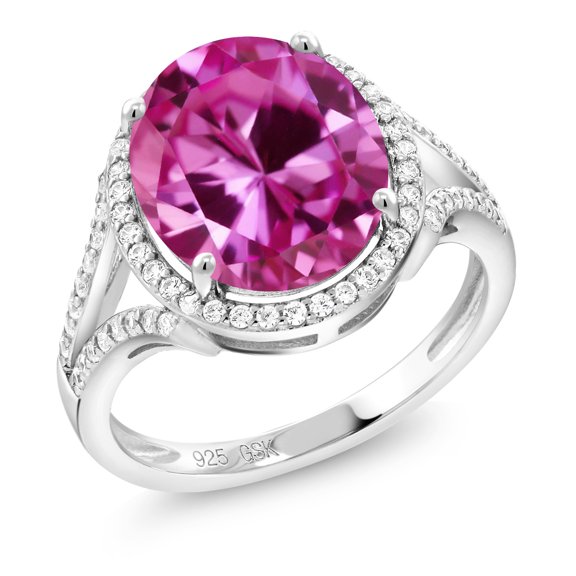 Gem Stone King 925 Sterling Silver Pink Created Sapphire Ring for Women (8.32 Cttw, Oval 12X10MM, Available in Size 5, 6, 7, 8, 9)
