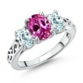 thumbnail image 1 of Gem Stone King 925 Sterling Silver Pink Created Sapphire and Sky Blue Aquamarine Filigree Style 3 Stone Ring for Women (2.65 Cttw, Oval 8X6MM and 6X4MM) (Size 9), 1 of 6