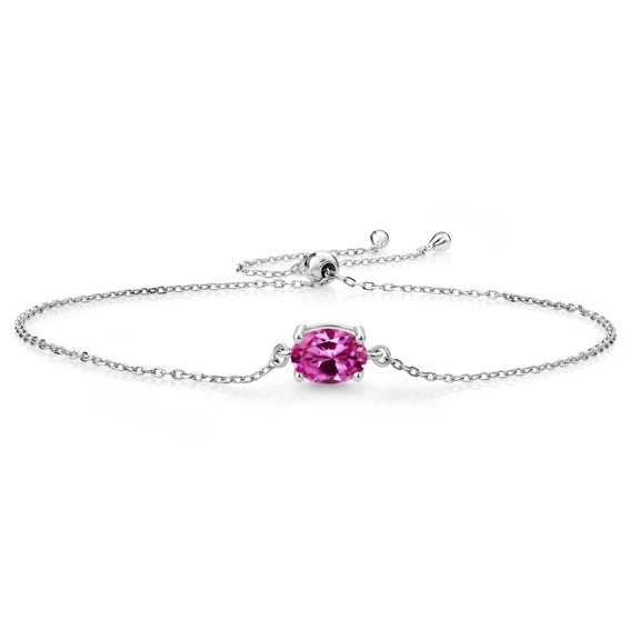 Gem Stone King 925 Sterling Silver Pink Created Sapphire Solitaire Bracelet for Women (1.65 Cttw, Oval 8X6MM, Gemstone September Birthstone, Fully Adjustable up to 9 inch)