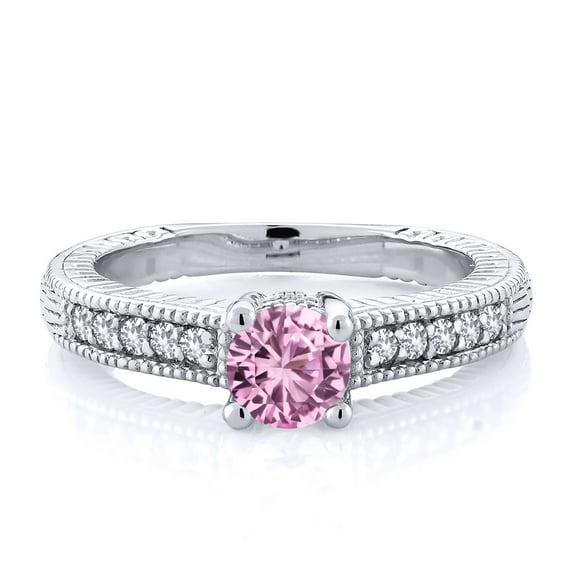 Gem Stone King 925 Sterling Silver Pink Created Sapphire and White Created Sapphire Women's Solitaire Ring with Accent Stones (0.70 Cttw, Round Shape 5MM, Size 7)