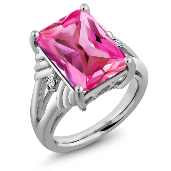 Gem Stone King 925 Sterling Silver Pink Created Sapphire and White Diamond Engagement Ring for Women (10.03 Cttw, Gemstone September Birthstone, Emerald Cut 14X10MM, Size 6)