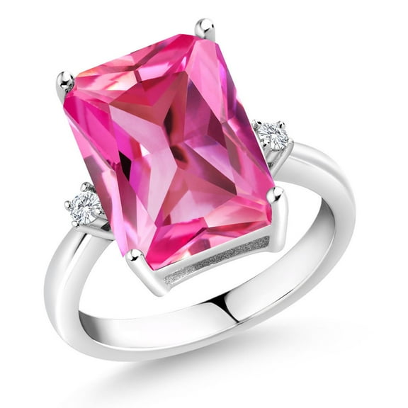 Gem Stone King 925 Sterling Silver Pink Created Sapphire and White Diamond Ring for Women (10.07 Cttw, Emerald Cut 14x10MM, Gemstone September Birthstone, Size 6)