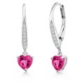 thumbnail image 1 of Gem Stone King 925 Sterling Silver Pink Created Sapphire and White Lab Grown Diamond Leverback Dangle Drop Earrings for Women (1.70 Cttw, Gemstone September Birthstone, Heart Shape 6MM), 1 of 3