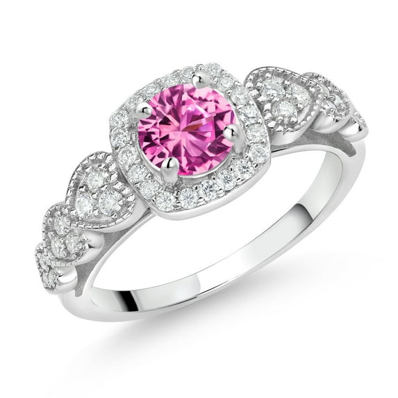Gem Stone King 925 Sterling Silver Pink Created Sapphire and White Moissanite Engagement Ring for Women (1.38 Cttw, Round 6MM, Gemstone September Birthstone, Size 8)