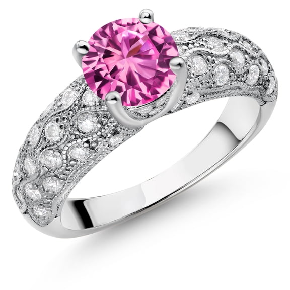 Gem Stone King 925 Sterling Silver Pink Created Sapphire and White Moissanite Engagement Ring for Women (2.00 Cttw, Round 7MM, Gemstone September Birthstone, Size 9)