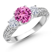 Gem Stone King 925 Sterling Silver Pink Created Sapphire and White Moissanite Engagement Ring for Women (2.20 Cttw, Gemstone September Birthstone, Round 7MM and 4MM, Size 5)