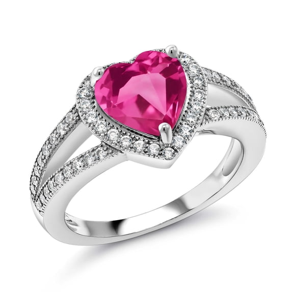 Gem Stone King 925 Sterling Silver Pink Created Sapphire and White Moissanite Ring for Women (2.51 Cttw, Gemstone September Birthstone, Heart Shape 8MM, Available in Size 5,6,7,8,9)