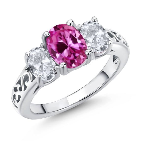 Gem Stone King 925 Sterling Silver Pink Created Sapphire and White Topaz Filigree Style 3 Stone Ring for Women (2.85 Cttw, Oval 8X6MM and 6X4MM) (Size 5)