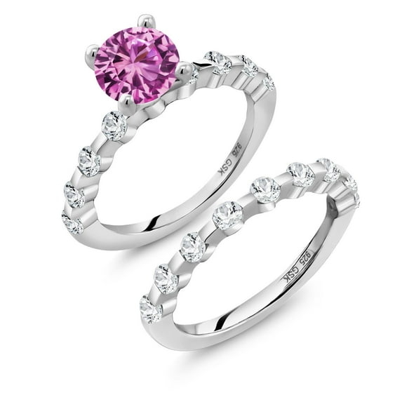 Gem Stone King 925 Sterling Silver Pink Created Sapphire and White Topaz Wedding Engagement Ring Band Bridal Set for Women (3.02 Cttw, Gemstone September Birthstone, Round 7MM, Size 9)