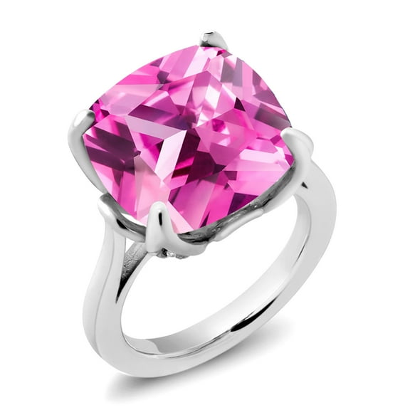 Gem Stone King 925 Sterling Silver Pink Created Sapphire and Blue Diamond Engagement Ring for Women (14.62 Cttw, 14MM Cushion, Size 5)