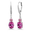 thumbnail image 1 of Gem Stone King 925 Sterling Silver Pink Created Sapphire and Pink and White Lab Grown Diamond Dangle Earrings for Women (2.53 Cttw, Oval 9X7MM), 1 of 6