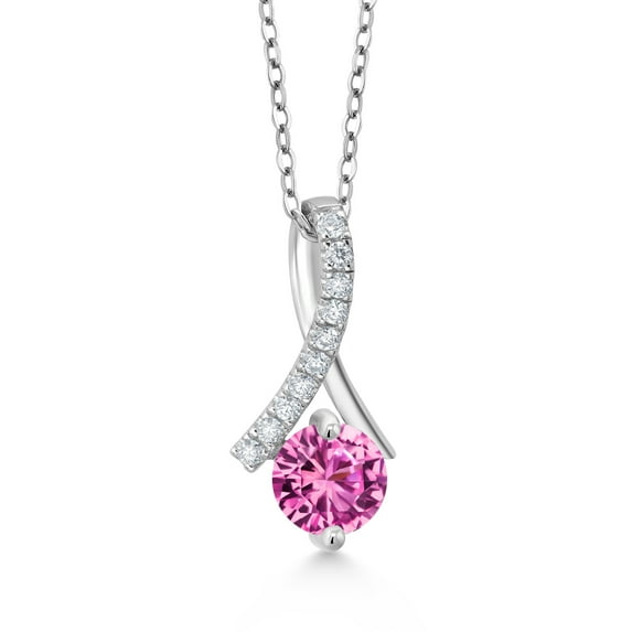 Gem Stone King 925 Sterling Silver Pink Created Sapphire and White Moissanite Ribbon Pendant Necklace for Women (1.15 Cttw, Round 6MM)