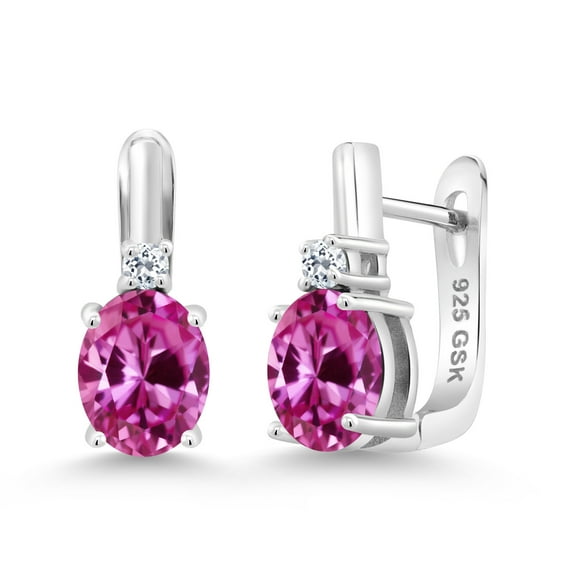 Gem Stone King 925 Sterling Silver Pink Created Sapphire and White Topaz Earrings for Women (4.96 Cttw, Gemstone September Birthstone, Oval 9X7MM)