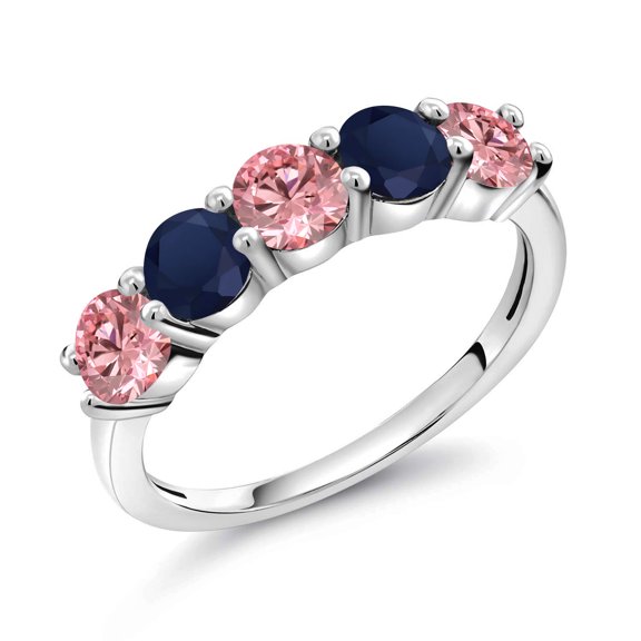 Gem Stone King 925 Sterling Silver Pink Lab Grown Diamond and Blue Sapphire Wedding-Bands Ring for Women | 0.98 Cttw | Round 3.5MM | Gemstone April Birthstone | Size 9