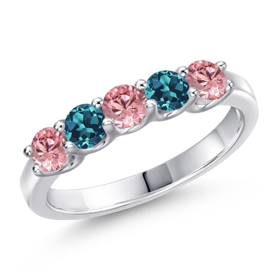 Gem Stone King 925 Sterling Silver Pink Lab Grown Diamond and London Blue Topaz Wedding-Bands Ring for Women | 0.98 Cttw | Round 3.5MM | Gemstone April Birthstone | Size 5