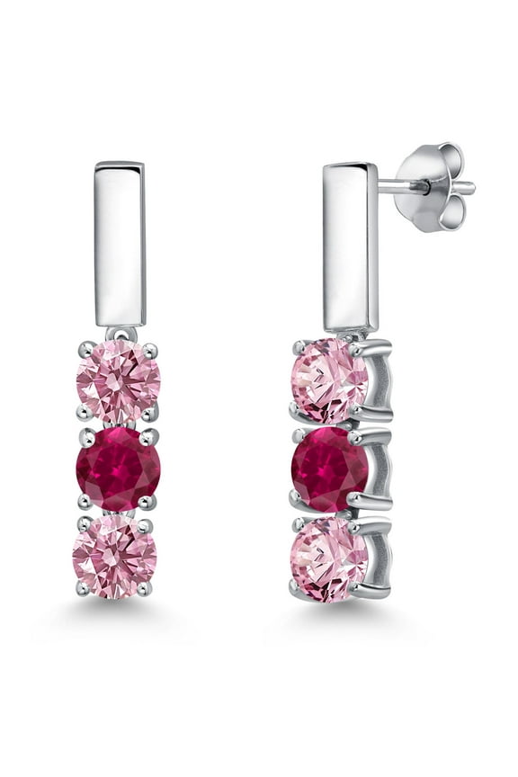 925 Sterling Silver Pink Lab Grown Diamond and Red Created Ruby Drop Dangle Earrings for Women | 1.60 Cttw | Gemstone April Birthstone | Round 5MM
