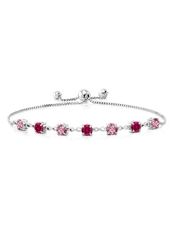 925 Sterling Silver Pink Lab Grown Diamond and Red Created Ruby Infinity Links Bracelet for Women (2.64 Cttw, Round 4.5MM, Fully Adjustable up to 9 inch)