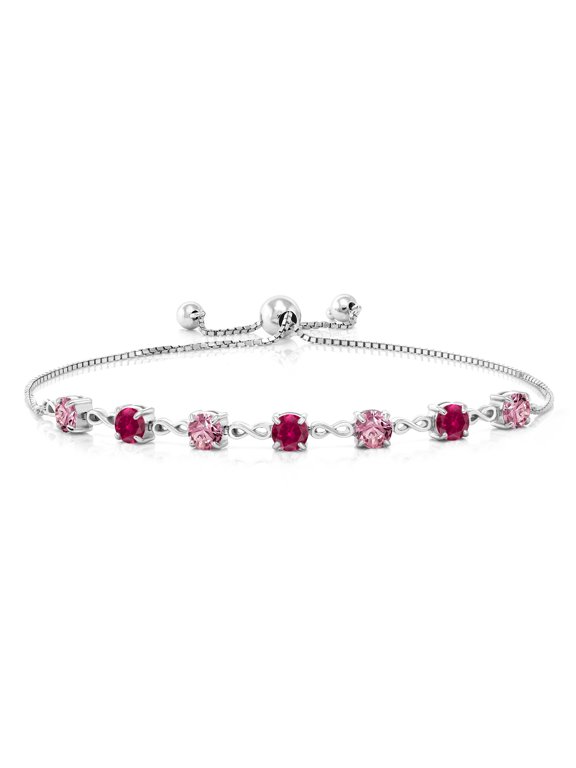 925 Sterling Silver Pink Lab Grown Diamond and Red Created Ruby Infinity Tennis Bracelet for Women (2.64 Cttw, Gemstone April Birthstone, Round 4.5MM, Fully Adjustable up to 9 inch)