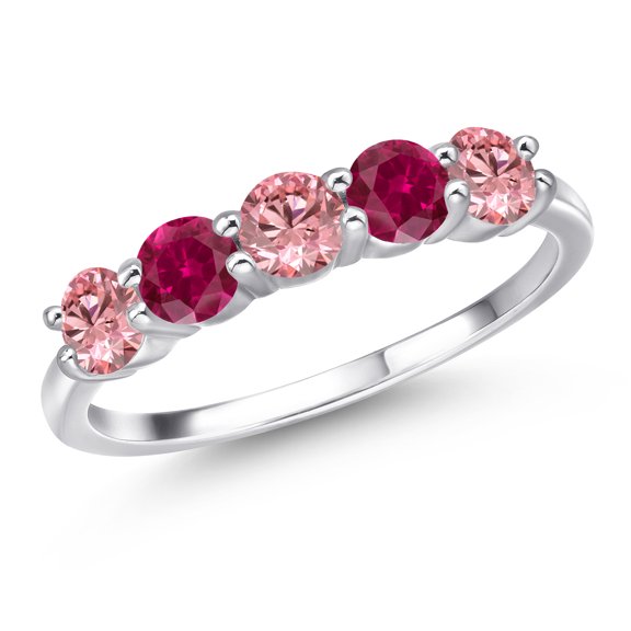 Gem Stone King 925 Sterling Silver Pink Lab Grown Diamond and Red Created Ruby Wedding-Bands Ring for Women | 1.25 Cttw | Round 4MM | Gemstone April Birthstone | Size 6