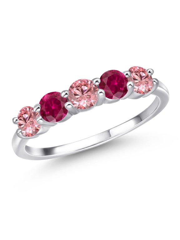 925 Sterling Silver Pink Lab Grown Diamond and Red Created Ruby Wedding-Bands Ring for Women | 1.25 Cttw | Round 4MM | Gemstone April Birthstone | Size 7