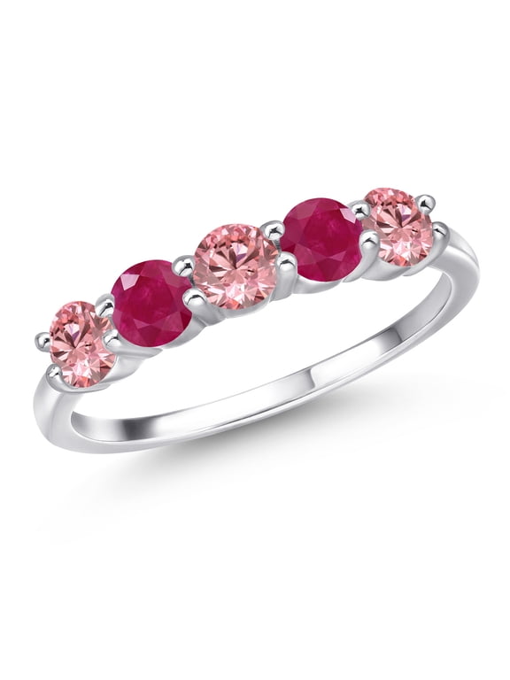 925 Sterling Silver Pink Lab Grown Diamond and Red Ruby Wedding-Bands Ring for Women | 1.45 Cttw | Round 4MM | Gemstone April Birthstone | Size 8