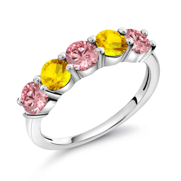 Gem Stone King 925 Sterling Silver Pink Lab Grown Diamond and Yellow Sapphire Wedding-Bands Ring for Women | 0.86 Cttw | Round 3.5MM | Gemstone April Birthstone | Size 9