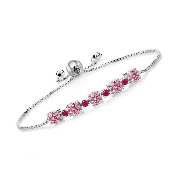 Gem Stone King 925 Sterling Silver Pink Lab Grown Diamond and Red Ruby Bracelet for Women | 2.74 Cttw | Gemstone April Birthstone | Round 5MM