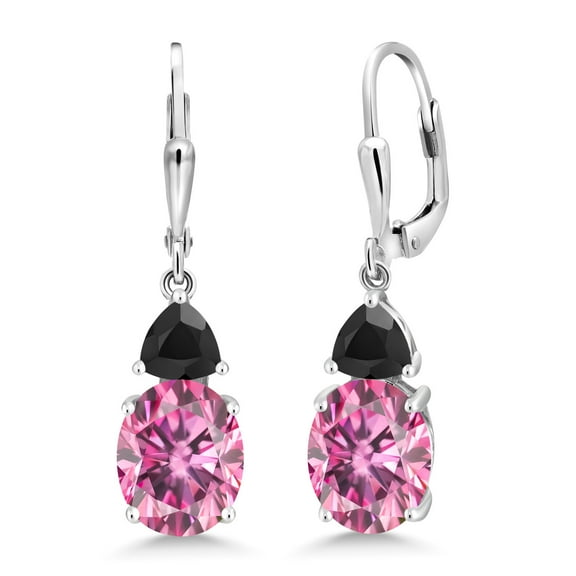 Gem Stone King 925 Sterling Silver Pink Moissanite and Black Onyx Dangle Earrings for Women (6.36 Cttw, Gemstone Birthstone, Oval 10X8MM, Trillion 5MM)