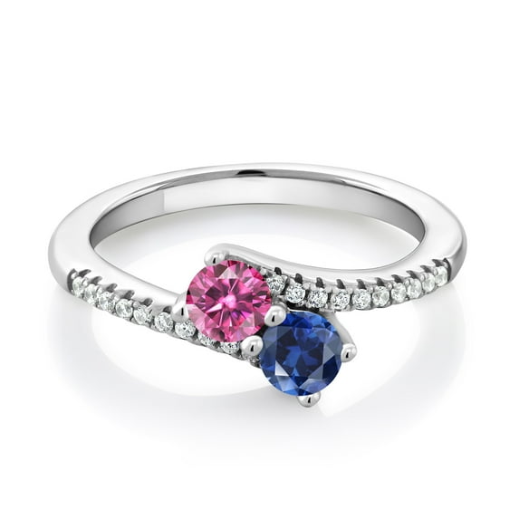 Gem Stone King 925 Sterling Silver Pink Moissanite and Blue Created Sapphire Bypass Ring for Women (0.72 Cttw, Gemstone Birthstone, Round 4MM, Available in Size 5, 6, 7, 8, 9)