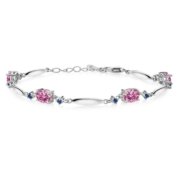 Gem Stone King 925 Sterling Silver Pink Moissanite and Blue Created Sapphire Tennis Bracelet for Women | 3.96 Cttw | Gemstone | Oval 7X5MM | 6 inch + 1 inch Extender