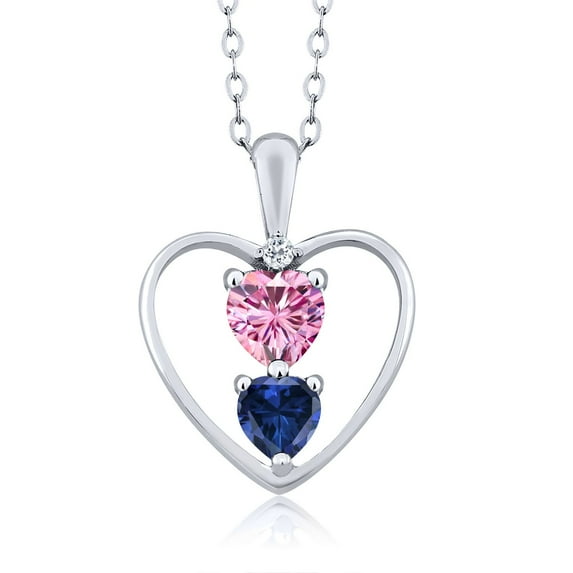 Gem Stone King 925 Sterling Silver Pink Moissanite Blue Created Sapphire and White Topaz Pendant Necklace for Women (1.01 Cttw, Gemstone Birthstone, Heart 5MM and 4MM, with 18 inch Silver Chain)