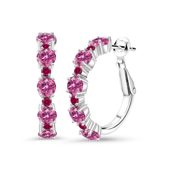 Gem Stone King 925 Sterling Silver Pink Moissanite and Red Created Ruby Hoop Earrings for Women (2.70 Cttw, Round 4MM and 1.9MM, Gemstone Birthstone 1 inch Diameter)