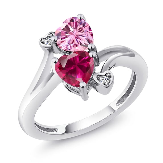 Gem Stone King 925 Sterling Silver Pink Moissanite Red Created Ruby and White Lab Grown Diamond Ring for Women (1.79 Cttw, Heart Shape 6MM, Gemstone Birthstone, Size 9)