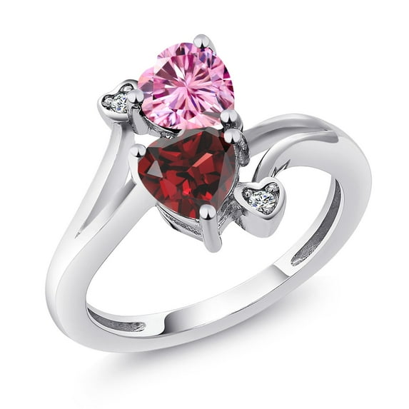 Gem Stone King 925 Sterling Silver Pink Moissanite Red Garnet and White Lab Grown Diamond Ring for Women (1.83 Cttw, Heart Shape 6MM, Gemstone Birthstone, Size 7)